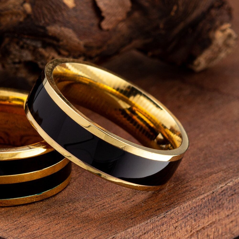 3/$35 Men's Gold Plated Black Band Ring PVD Coated Stainless Steel Hip Hop Punk